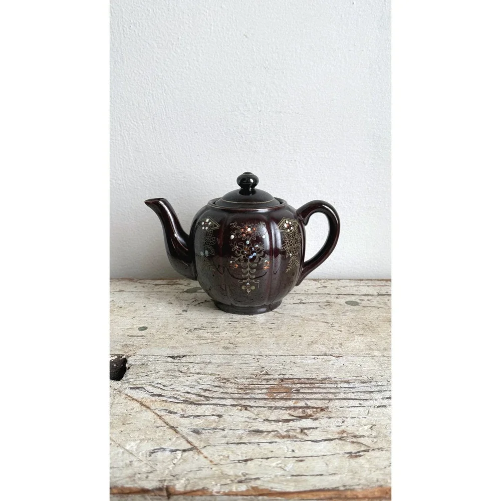 Vintage Japanese Brown Moriage Floral Teapot Hand Painted Made in Japan